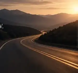 A winding road through a mountain valley at sunset, brand illustration