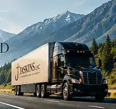 Jaskins-branded truck on a mountain highway, brand illustration